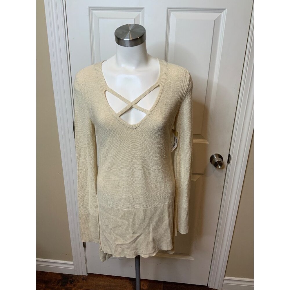 Free People Tan V-neck Long Ribbed Sweater, Size S